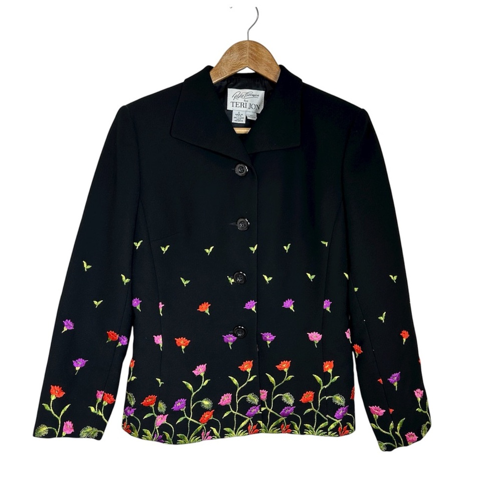 Vintage Teri Jon / Rickie Freeman Colorful Floral Embroider Black Lined Blazer 6